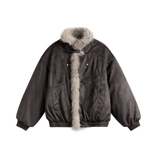 Damen Boxy‑Bomberjacke aus Veloursimitat mit voluminösem Kunstfellkragen Nord Taschen