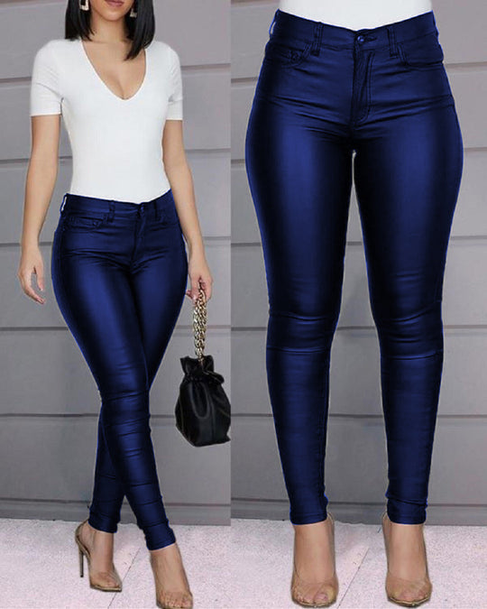 Damen figurbetonte High‑Waist Kunstlederhose im Skinny‑Cut mit Five‑Pocket Nord Taschen