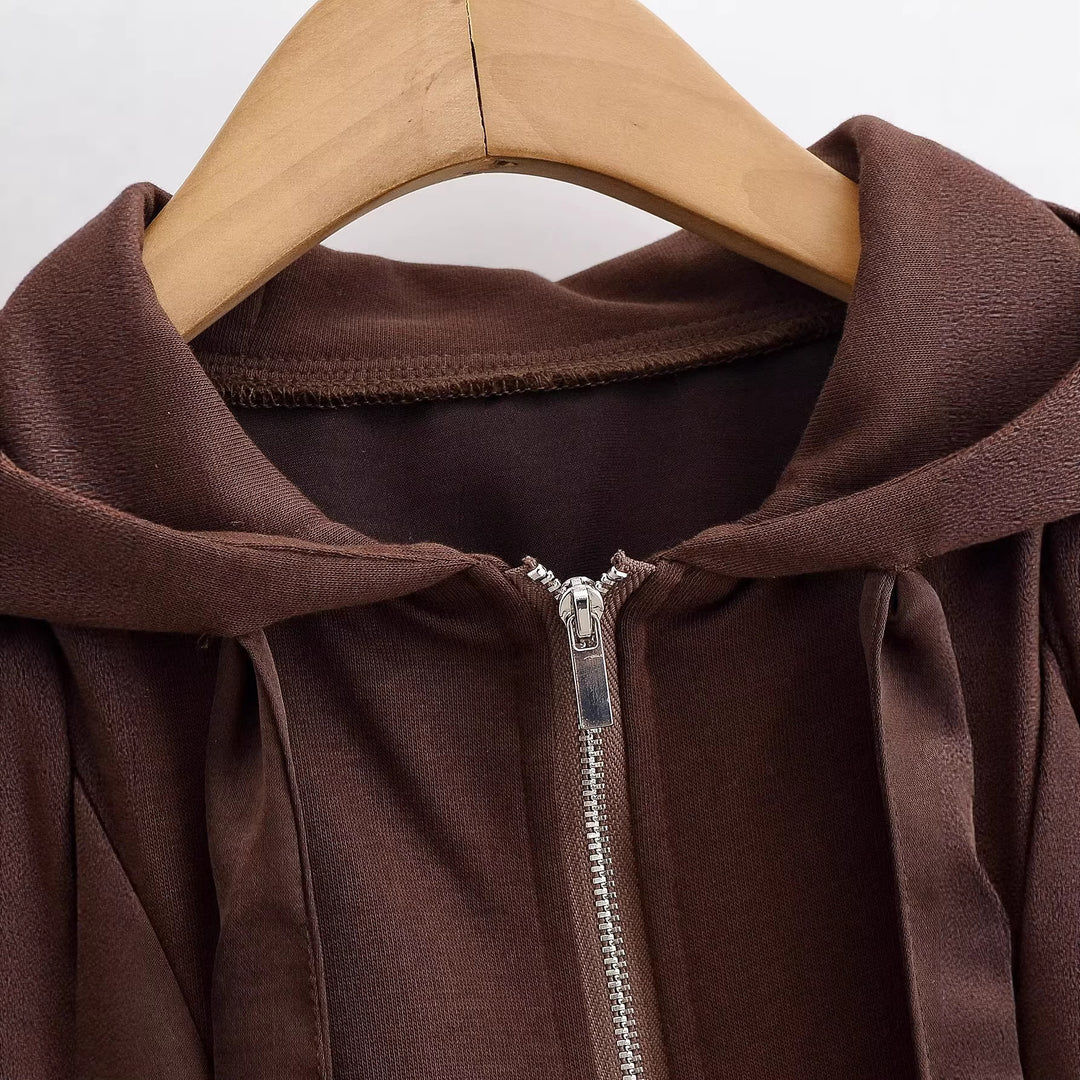 Damen Cropped Kapuzenjacke mit Reißverschluss, übergroßen Ärmeln und breitem Rippbund Nord Taschen