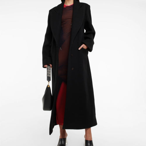 Damen Bodenlanger Longline Einreiher Wollmix-Mantel mit markanter Schulterpartie Nord Taschen