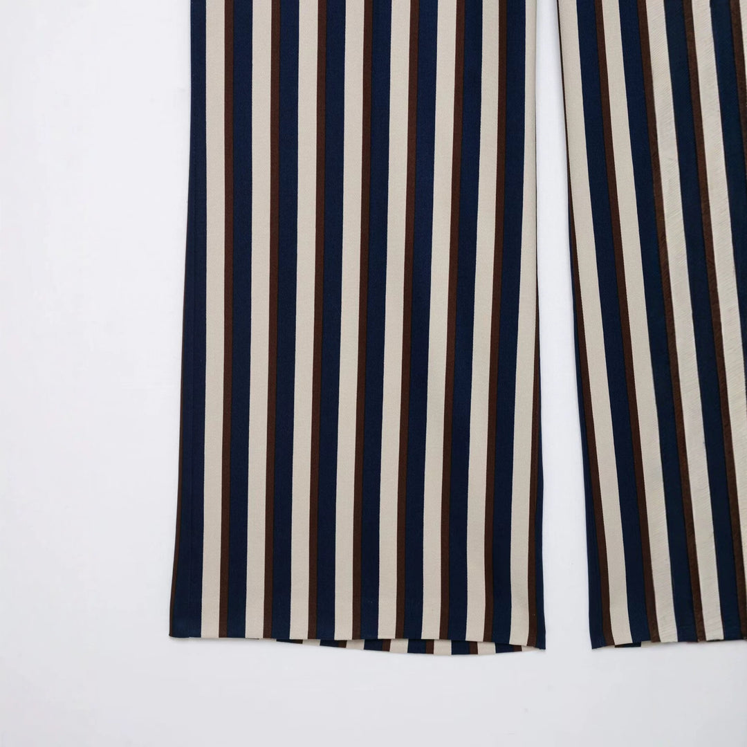 Damen Weite High‑Waist Culotte‑Hose mit verticalem Streifenmuster und Ziergürtel Nord Taschen