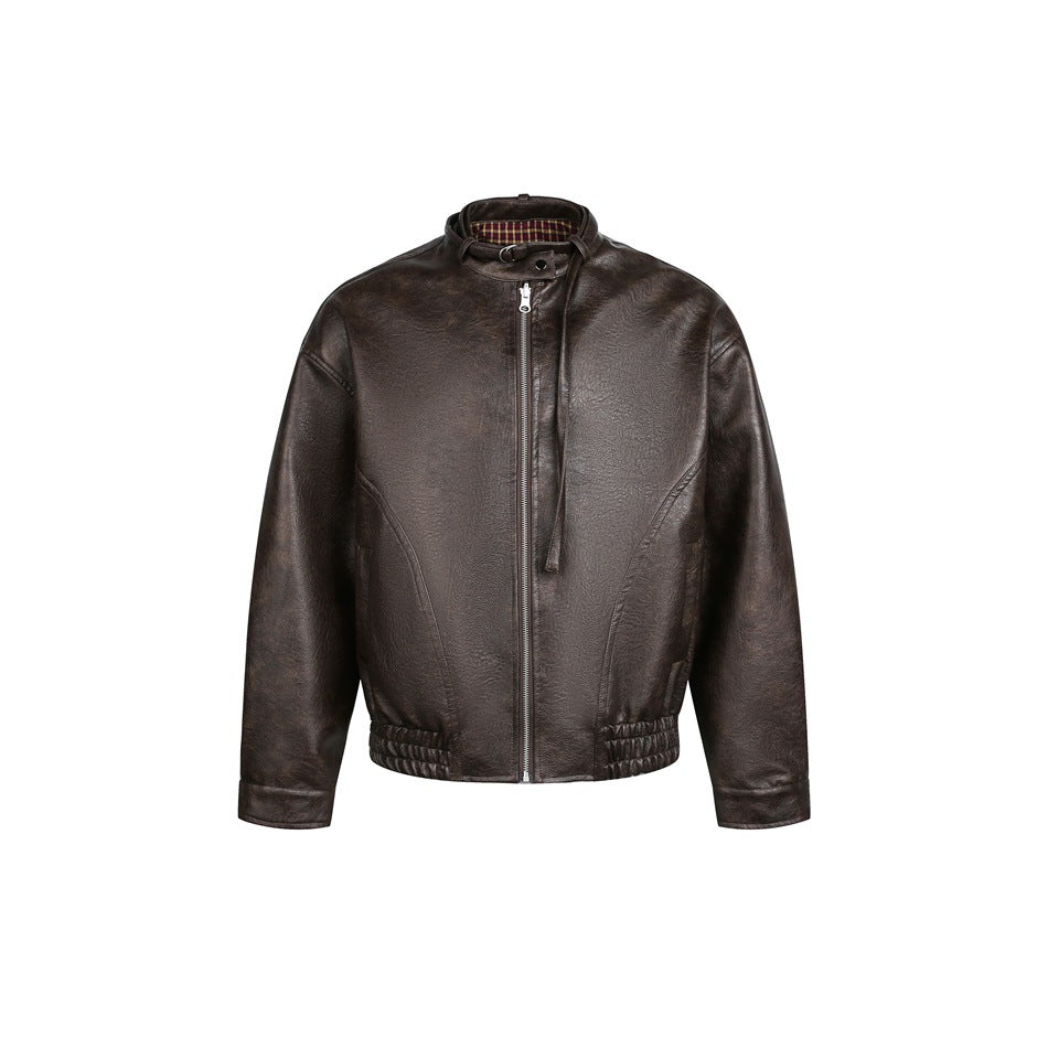 Herren Kurz geschnittener Vintage‑Lederblouson mit Schnallenkragen und elastischem Saum Nord Taschen