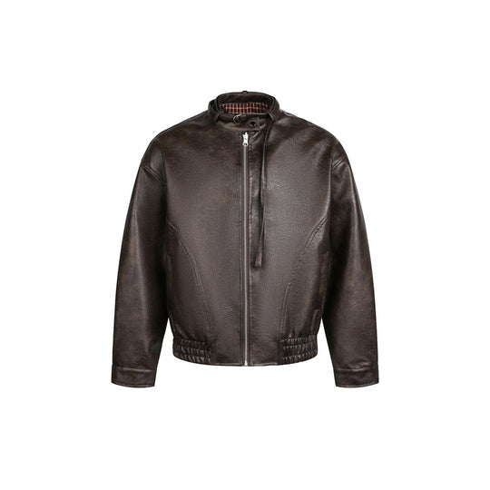 Herren Kurz geschnittener Vintage‑Lederblouson mit Schnallenkragen und elastischem Saum Nord Taschen