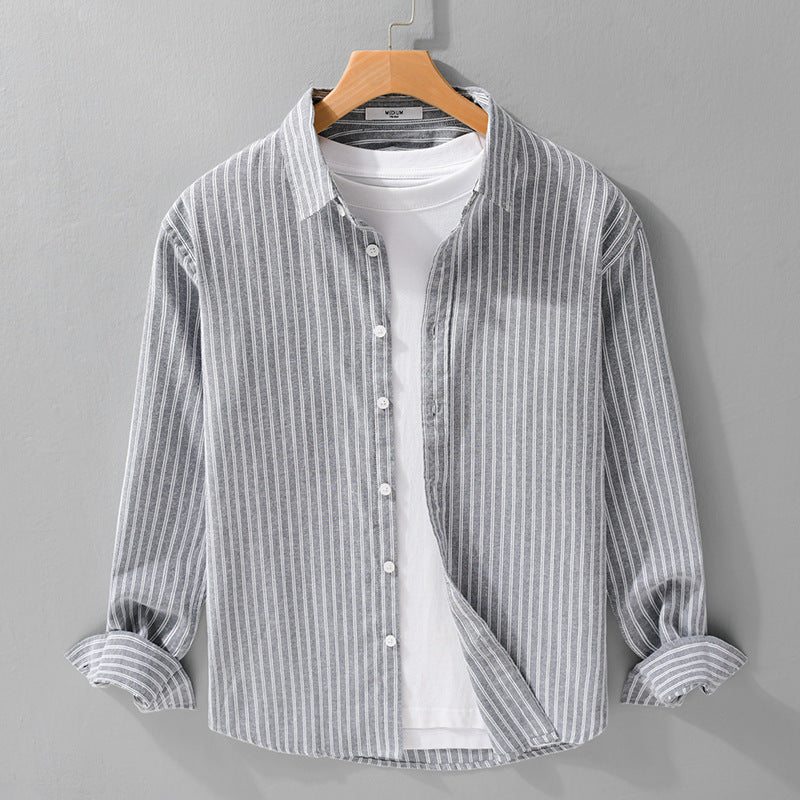 Herren Lässiges Leinen-Baumwoll-Langarmhemd mit feinem Nadelstreifen, Easy‑Care Finish und abgerundetem Saum Nord Taschen