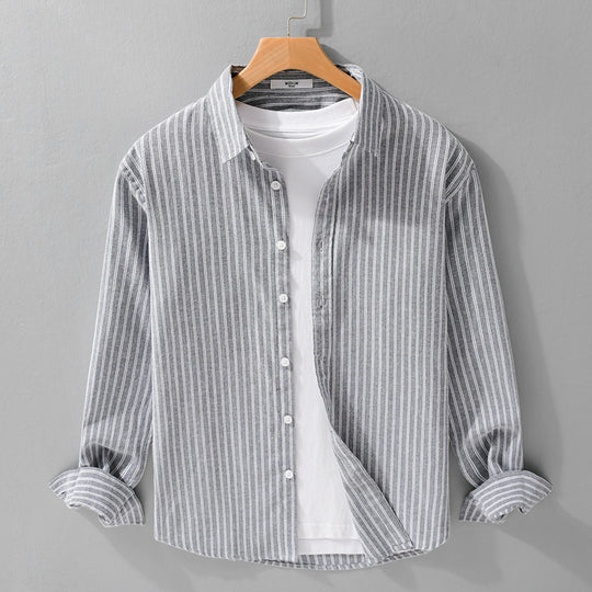 Herren Lässiges Leinen-Baumwoll-Langarmhemd mit feinem Nadelstreifen, Easy‑Care Finish und abgerundetem Saum Nord Taschen