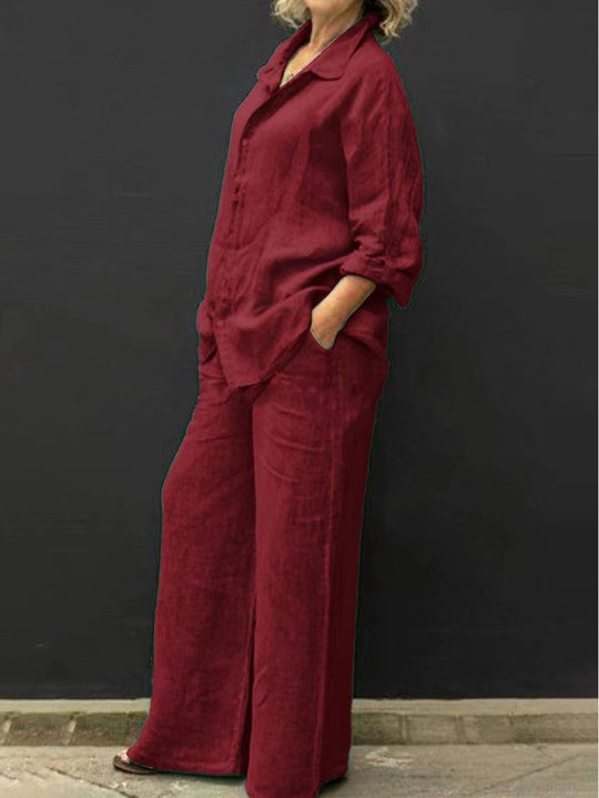 Damen Entspanntes Leinen-Set mit Oversize-Hemd und weiter Palazzo-Hose Nord Taschen