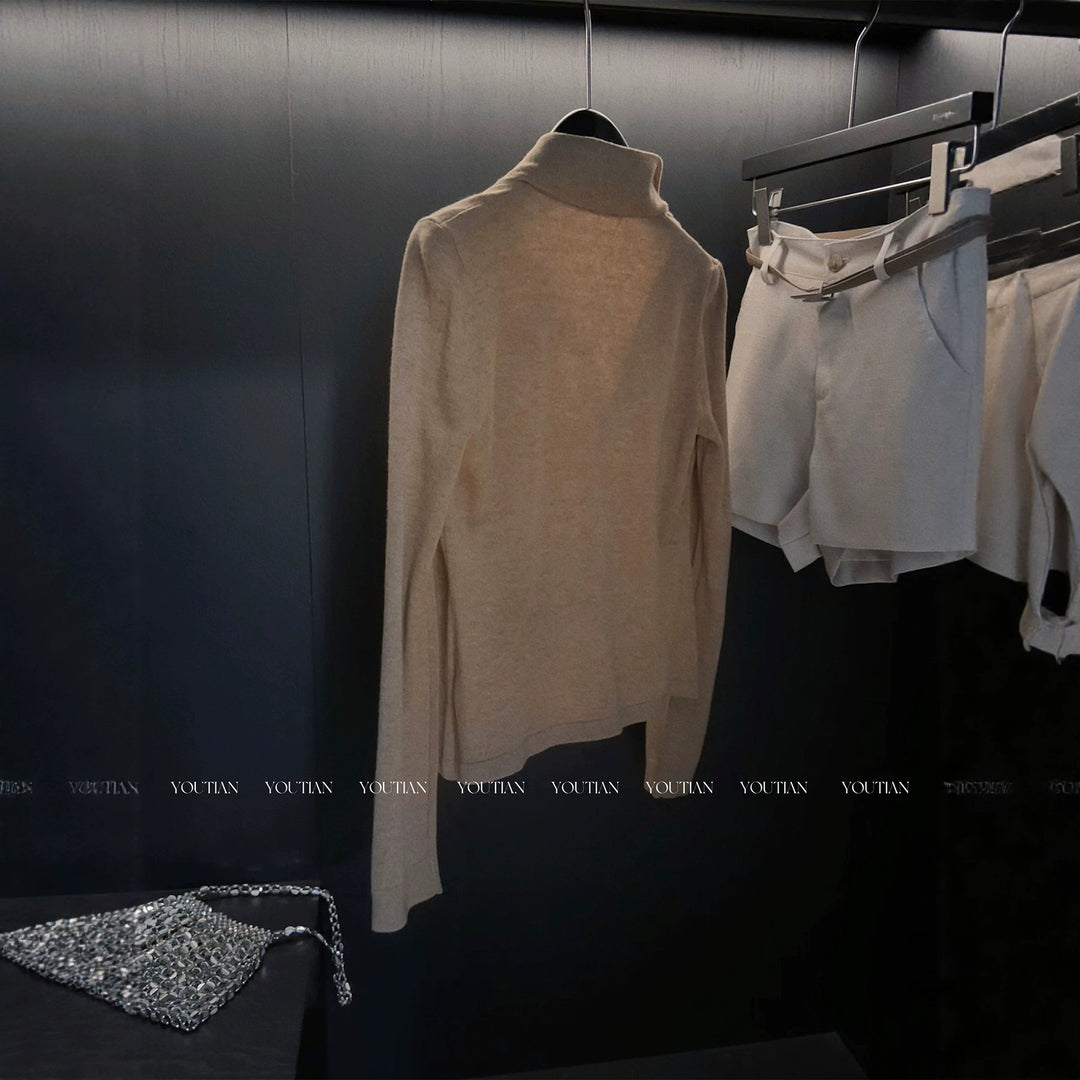 Damen Langer Feiner Strickcardigan mit Stehkragen und Knopfleiste Nord Taschen