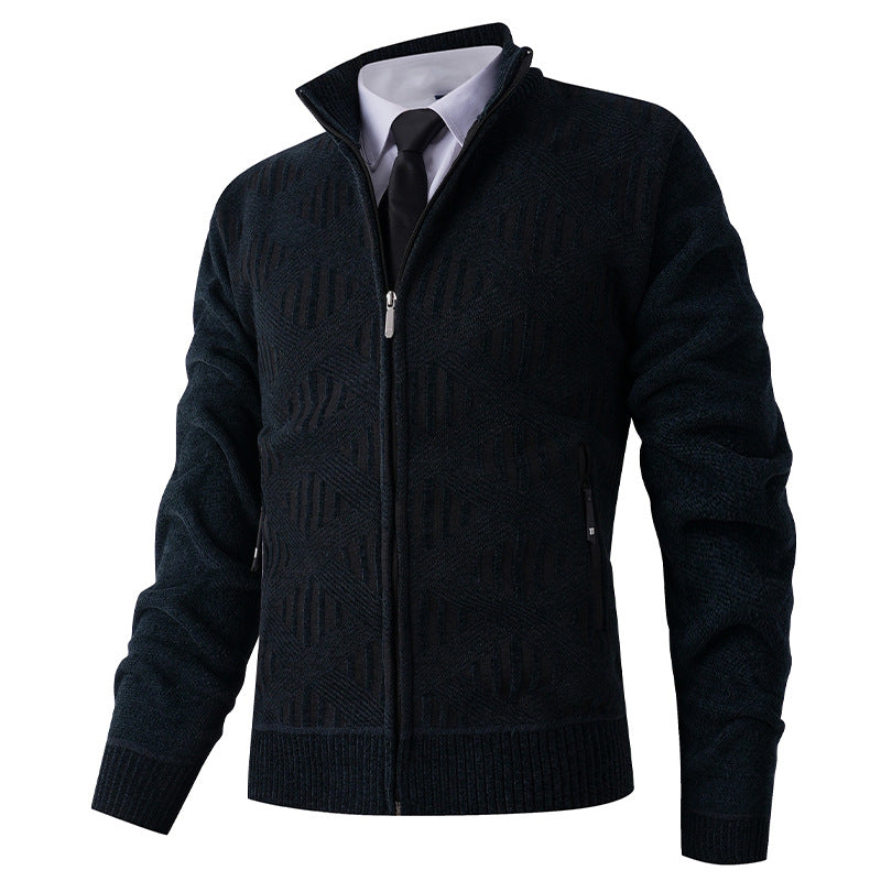 Herren Geometrischer Jacquard-Zipcardigan mit Stehkragen und Reißverschlusstaschen Nord Taschen