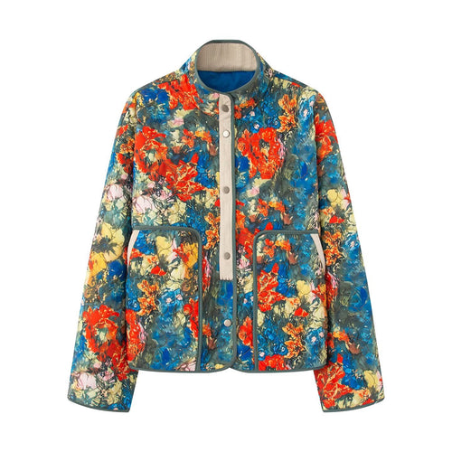 Damen gesteppte Blousonjacke mit abstraktem Blumenprint und Kontrastpaspel Nord Taschen