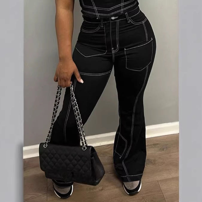 Damen High-Waist Flared-Jeans mit Kontrastnähten und Cargo‑Einsätzen Nord Taschen