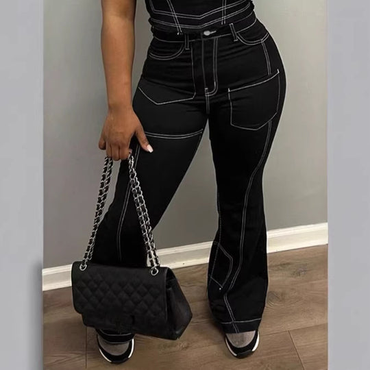 Damen High-Waist Flared-Jeans mit Kontrastnähten und Cargo‑Einsätzen Nord Taschen