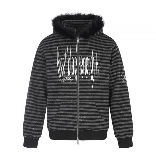 Unisex Gestreifte Kapuzen-Zipjacke mit Kunstfellkapuze und Statement-Frontprint Nord Taschen