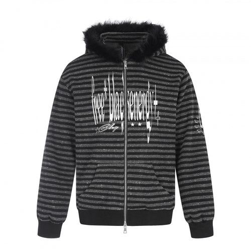 Unisex Gestreifte Kapuzen-Zipjacke mit Kunstfellkapuze und Statement-Frontprint Nord Taschen