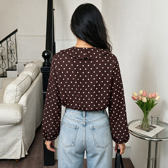 Damen Gepunktete Rüschenbluse mit V‑Ausschnitt, langen Ärmeln und elastischen Manschetten Nord Taschen