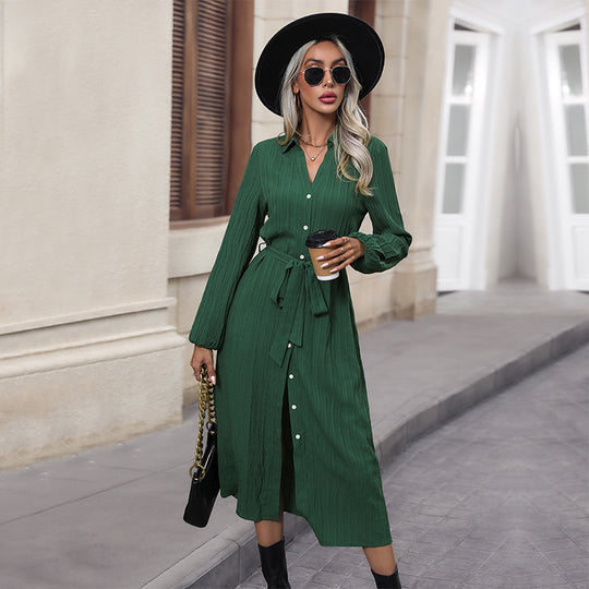 Damen Langarm Hemdblusenkleid mit Gürtel Nord Taschen