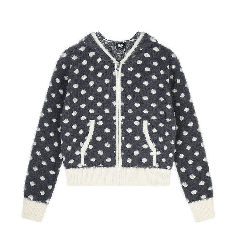Damen Flauschige Kapuzen‑Zipjacke mit Polka‑Dot‑Jacquard und Eingrifftaschen Nord Taschen