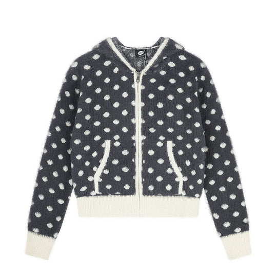 Damen Flauschige Kapuzen‑Zipjacke mit Polka‑Dot‑Jacquard und Eingrifftaschen Nord Taschen