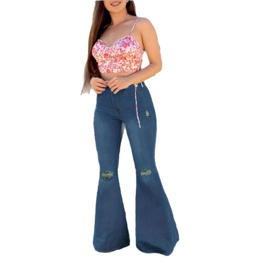 Damen Figurformende Schlagjeans im Retro‑Flair mit zerrissenen Knien und taillenbildendem Komfortbund Nord Taschen
