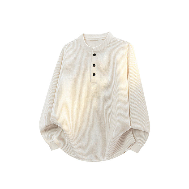 Unisex Weitgeschnittener Waffelstrick-Henleypullover mit Stehkragen Nord Taschen