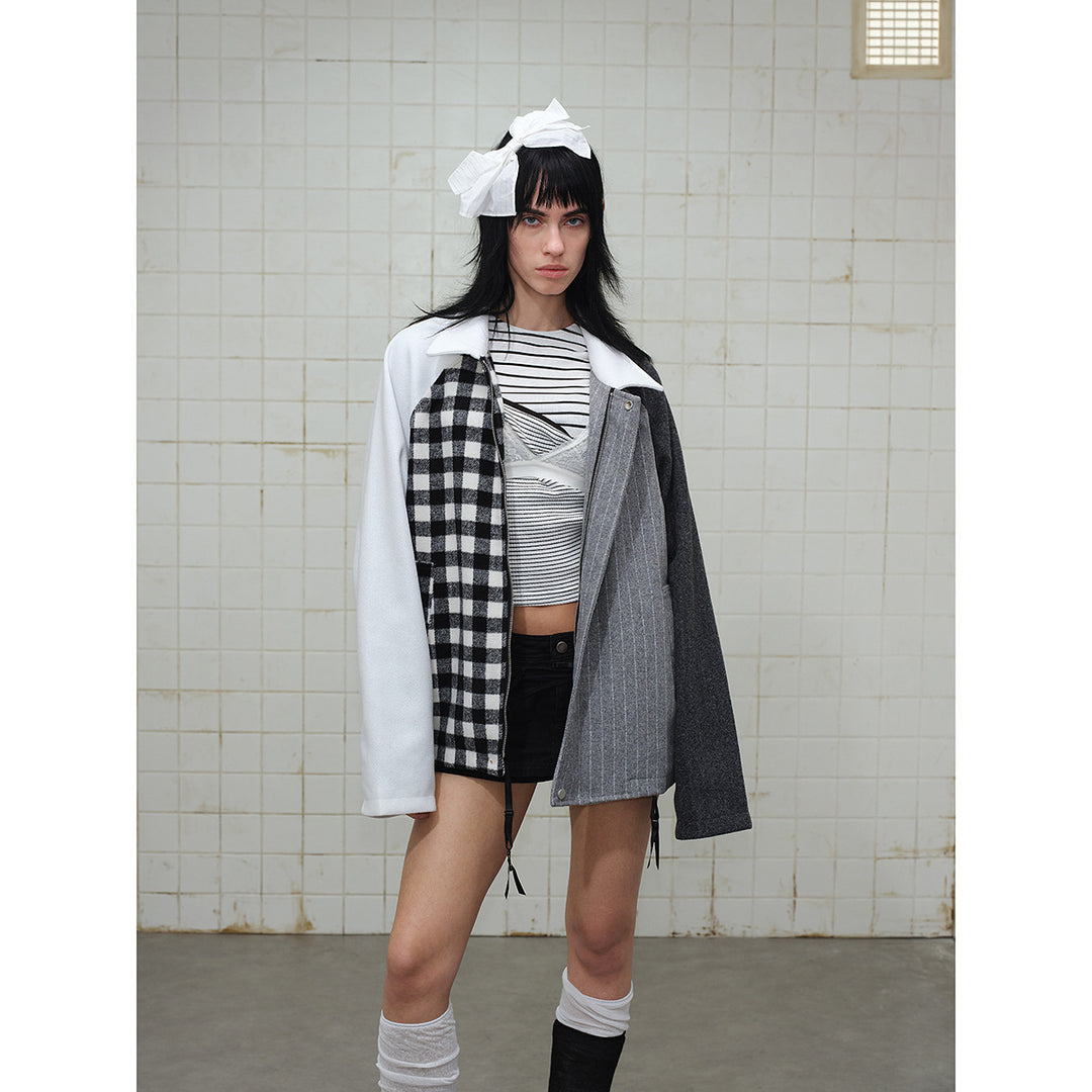 Unisex Kastig geschnittene Patchwork-Blousonjacke aus Wollmix mit Hemdkragen Nord Taschen