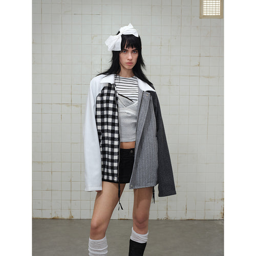Unisex Kastig geschnittene Patchwork-Blousonjacke aus Wollmix mit Hemdkragen Nord Taschen