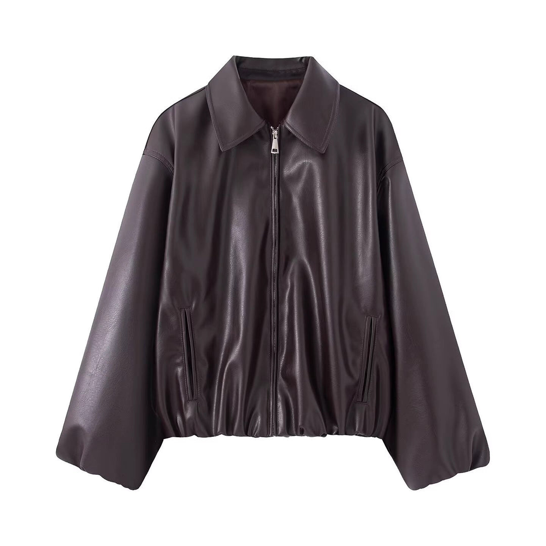 Damen Oversize Kunstleder Blouson mit Reißverschluss und elastischem Saum Nord Taschen
