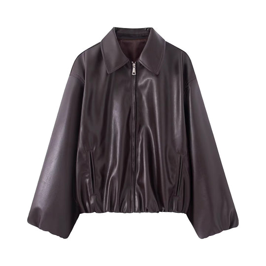 Damen Oversize Kunstleder Blouson mit Reißverschluss und elastischem Saum Nord Taschen
