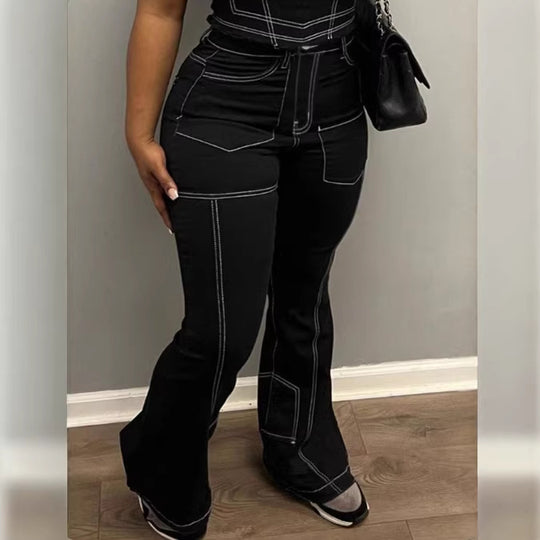 Damen High-Waist Flared-Jeans mit Kontrastnähten und Cargo‑Einsätzen Nord Taschen