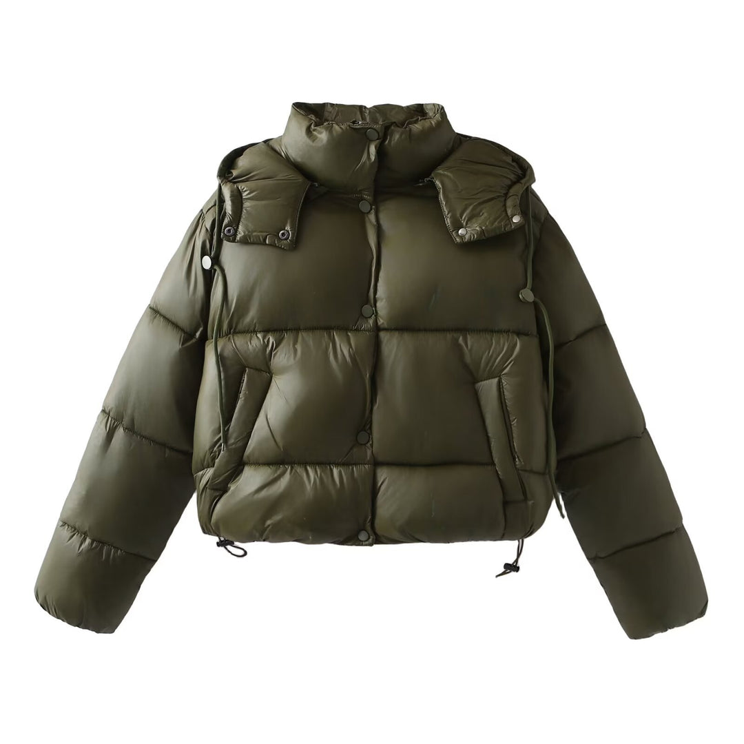 Damen Glänzende Cropped Pufferjacke mit Kordelzug und Druckknopfblende Nord Taschen