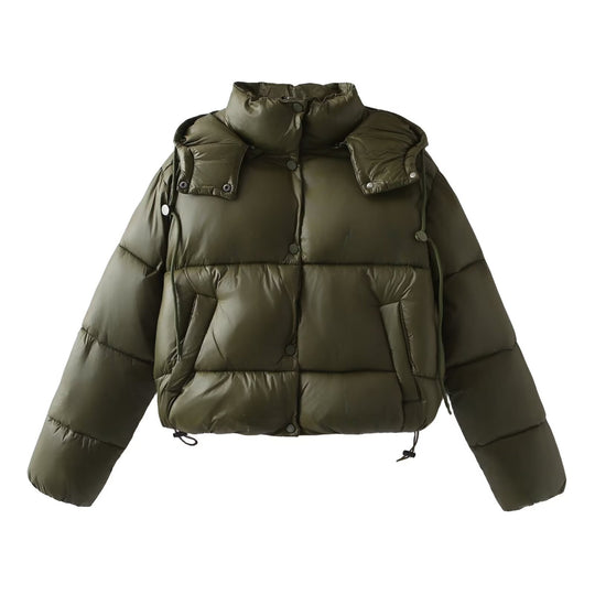 Damen Glänzende Cropped Pufferjacke mit Kordelzug und Druckknopfblende Nord Taschen
