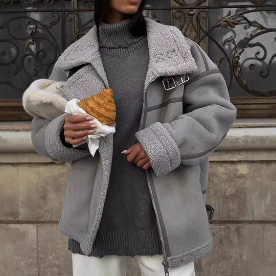 Damen Weit geschnittene Lammfellimitat-Fliegerjacke mit Kunstfellfutter Nord Taschen