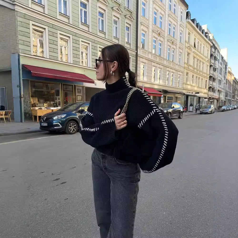 Damen Oversize-Strickpullover mit Stehkragen, Ballonärmeln und Ziernaht Nord Taschen