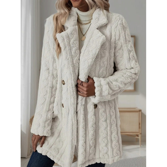 Damen Midilanger Teddy-Mantel mit Zopfmuster, Reverskragen und doppelt geknöpfter Front Nord Taschen