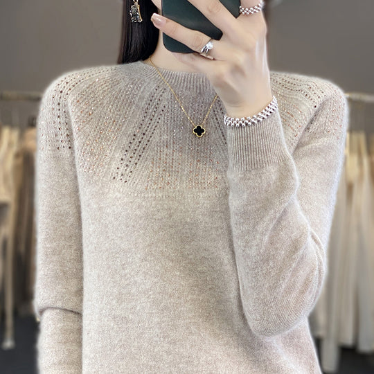 Damen Weicher Kaschmir‑Optik Feinstrickpullover mit Ajour‑Yoke und Paillettenbesatz Nord Taschen