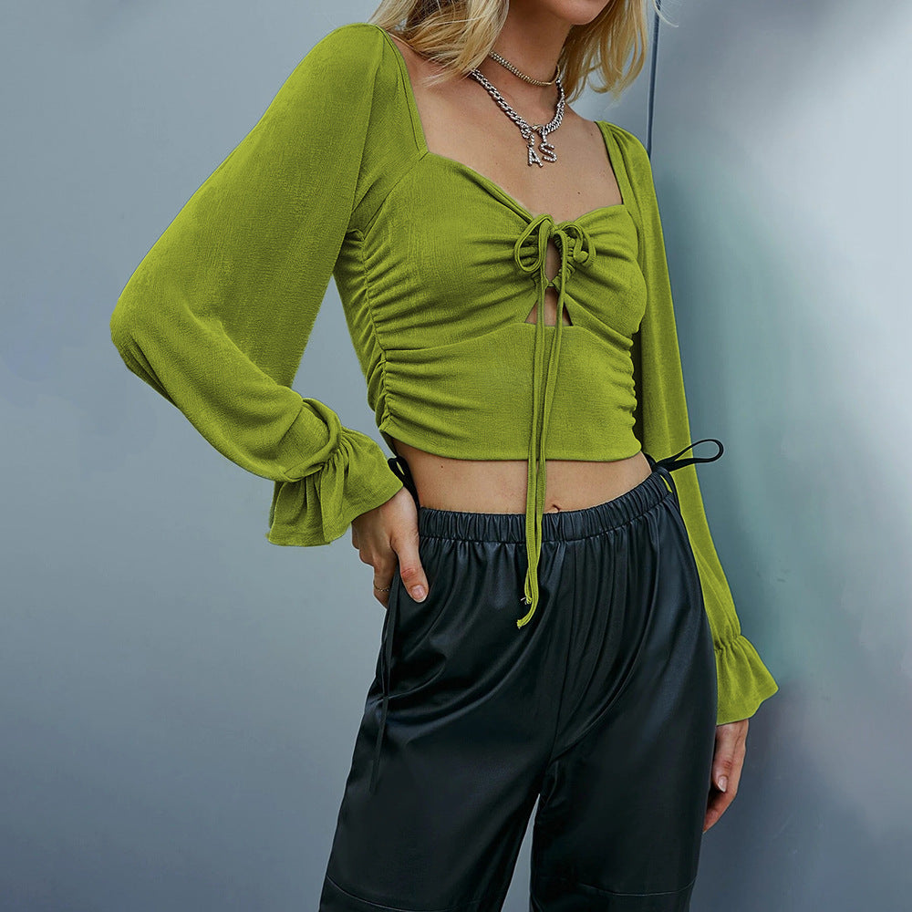 Damen gerafftes Crop-Top mit Herz-Bustier, Knoten-Detail und voluminösen Trompetenärmeln Nord Taschen
