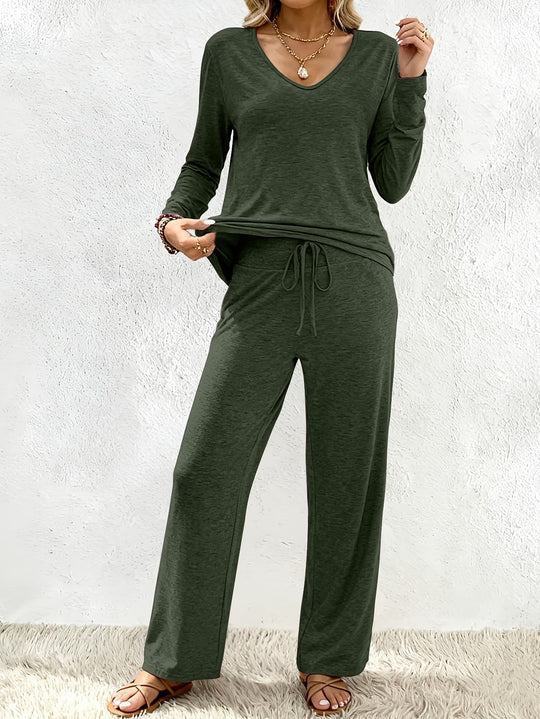 Damen Lounge-Set aus weichem Viskose-Modal-Mix mit V-Ausschnitt, Tunnelzughose und weitem Bein Nord Taschen