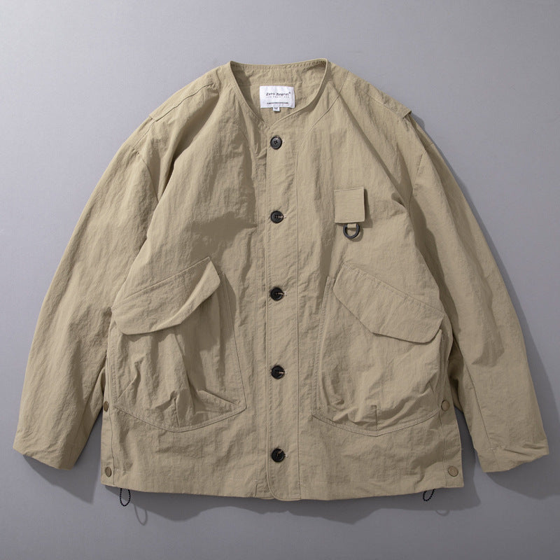 Herren Kragenlose Utility-Fieldjacke mit Pattentaschen und Kordelzug Nord Taschen
