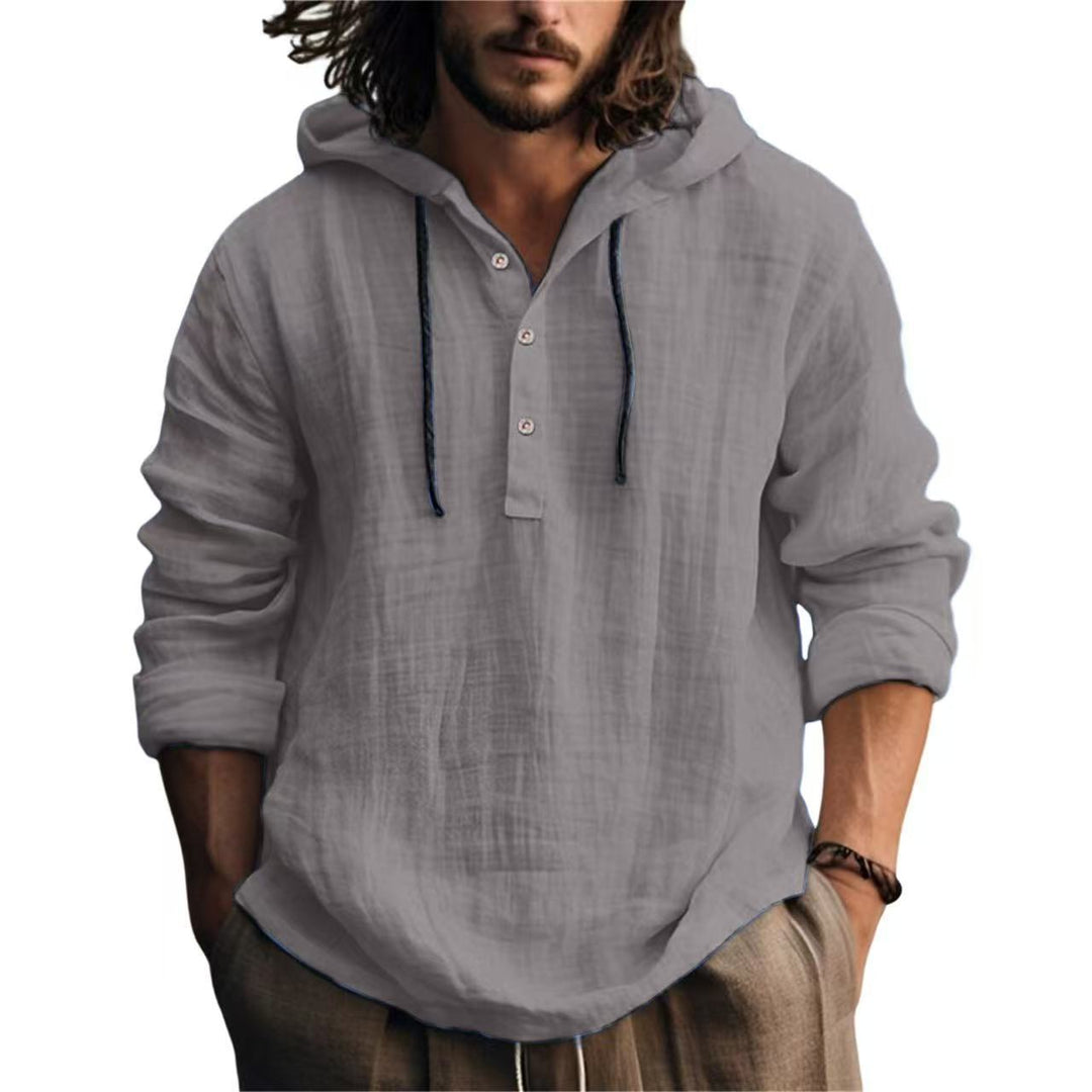 Herren Leichtes Kapuzenhemd im Leinenlook mit Henley-Knopfleiste Nord Taschen