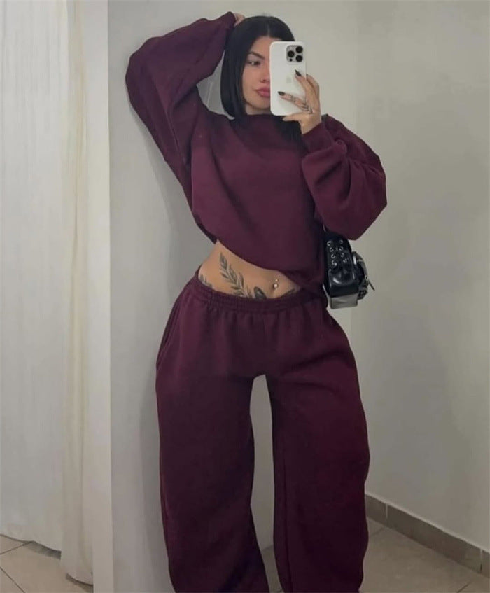 Damen Cropped-Sweatshirt mit hohem Rundhalsausschnitt und elastischer Tunnelzug Wide-Leg Jogginghose Set Nord Taschen