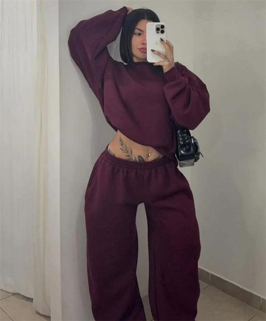Damen Cropped-Sweatshirt mit hohem Rundhalsausschnitt und elastischer Tunnelzug Wide-Leg Jogginghose Set Nord Taschen