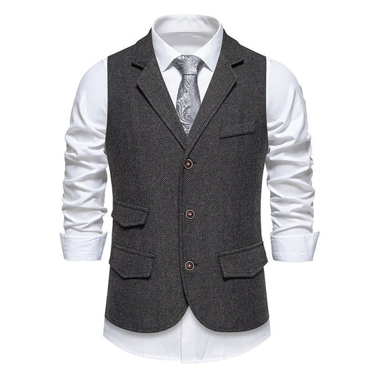 Herren Tweed-Weste mit Fischgrätstruktur, Reverskragen und Pattentaschen Nord Taschen