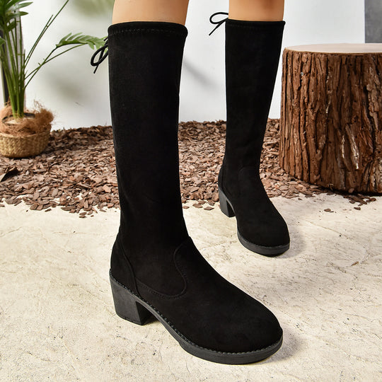 Damen Kniehohe Stiefel mit Blockabsatz, Velours‑Optik, elastischem Schaft und rückseitiger Zierschnürung Nord Taschen
