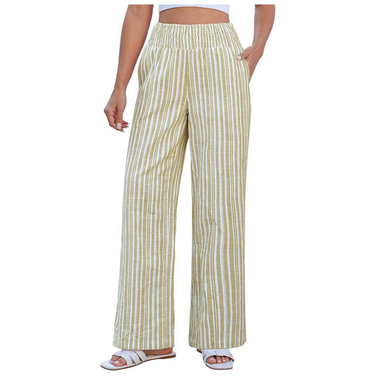 Damen Leichte Leinenoptik Palazzohose mit hohem Smokbund und Eingrifftaschen Nord Taschen