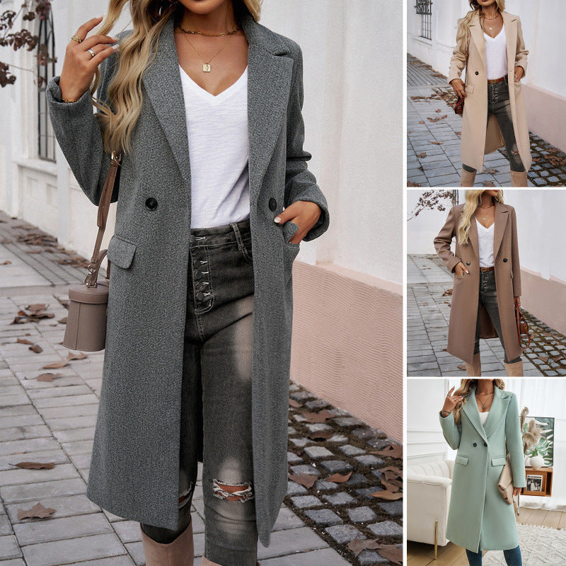 Damen Eleganter Wollmantel mit tailliertem Schnitt und Reverskragen Nord Taschen
