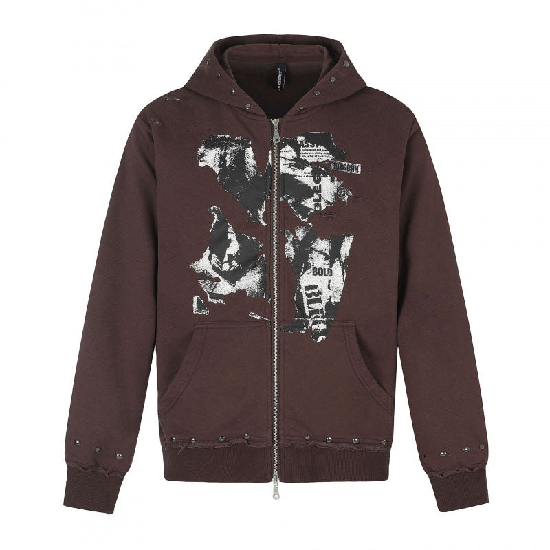 [Herren] Kapuzensweatjacke mit durchgehendem Reißverschluss, Vintage‑Print und Nietenbesatz Nord Taschen