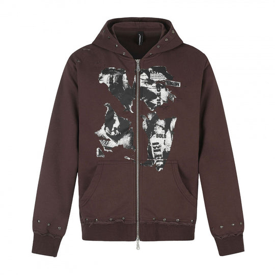 [Herren] Kapuzensweatjacke mit durchgehendem Reißverschluss, Vintage‑Print und Nietenbesatz Nord Taschen