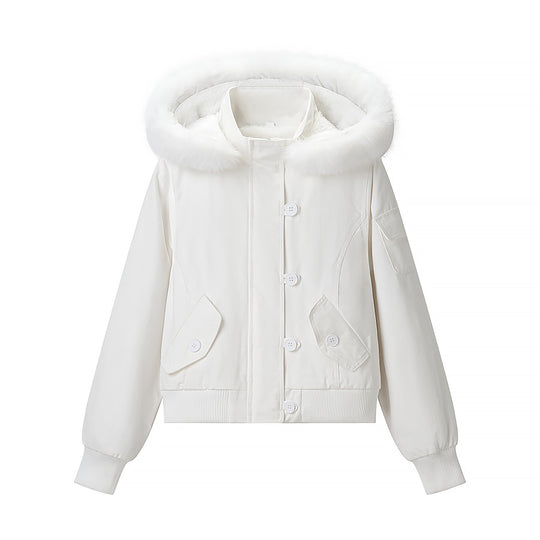 Damen Kurzjacke mit wattierter Fütterung, Kapuze mit Kunstfellbesatz und geripptem Saum Nord Taschen