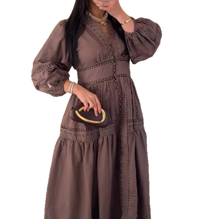 Damen Maxikleid im Boho‑Stil mit Spitzeneinsätzen, Knopfleiste und Ballonärmeln Nord Taschen