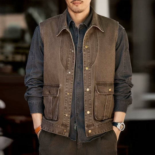 Herren Utility-Weste mit Cordkragen, Druckknopfverschluss und aufgesetzten Pattentaschen Nord Taschen