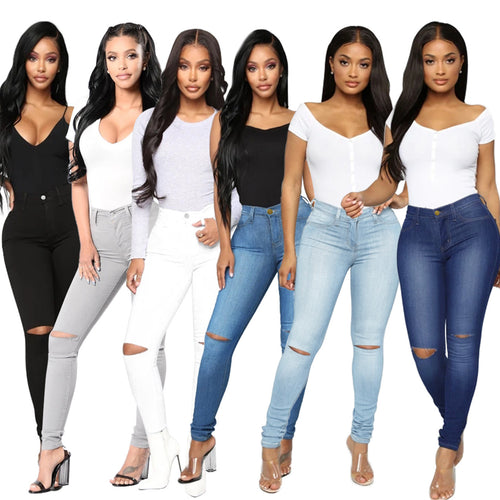 Damen High-Waist Skinny-Jeans mit Knie-Rissen und figurformendem Schnitt Nord Taschen